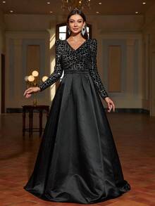 Faeriesty Gigot Sleeve Contrast Sequin Formal Dress - Black - View 3