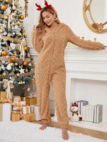 SHEIN Essnce Matching Family Christmas Pajamas Christmas Women Pajamas Mom And Me Parent-Child Costume Red Christmas Fair Isle-Inspired Knits Family Matching Christmas Long Sleeve Hoodie And Pants Sets Christmas Women Clothes - Camel - View 6