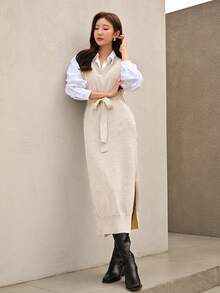 Mulvari Women's Solid Color Sweater Dress With High Slit And Belt - Apricot - View 6