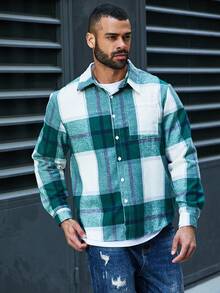 SHEIN Manfinity Homme Camisa De Manga Larga A Cuadros De Talla Grande Para Hombre - Verde - Ver 5