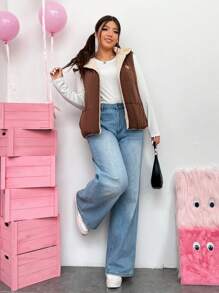 SHEIN EZwear Của phụ nữ Kích thước lớn Đệm Áo vest Với Tai 3D Trang trí - Cà phê nâu - Xem 5