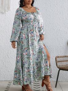 SHEIN VCAY 大尺碼女款花卉印花高開衩洋裝 - 彩色 - 查看 4