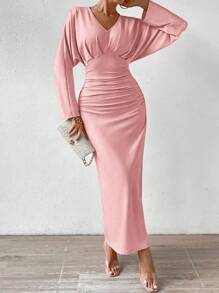 Chiquease V領蝙蝠袖褶皺洋裝 - 粉色 - 查看 7