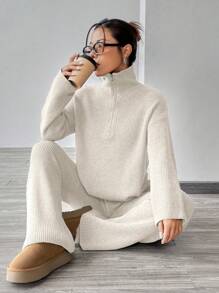 Flirla Knitted Sweater With Zipper And Knitted Pants Set With Dropped Shoulders - Apricot - View 3