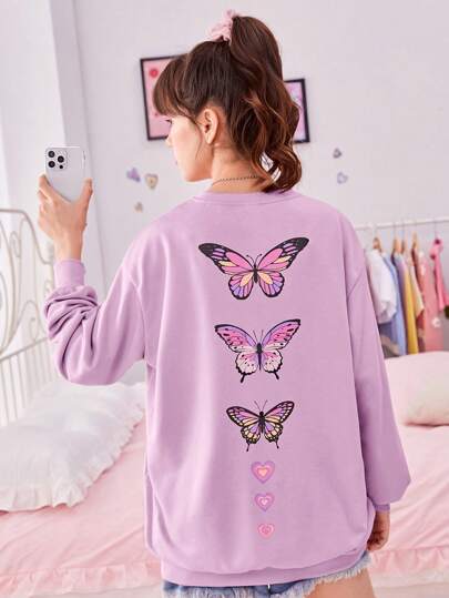 SHEIN Teen Girls' Butterfly Heart Print Sweatshirt, Back Design