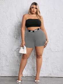 SHEIN SXY Kích thước lớn Của phụ nữ Lá thư Dệt hoa Xà cạp Với Đàn hồi Ban nhạc - Màu xám đen - Xem 4