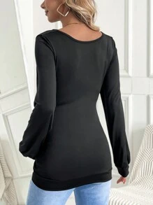 SHEIN 孕妇豹纹拼接宽松圆领长袖运动衫孕妇装冬季 - 黑色 - 查看 2