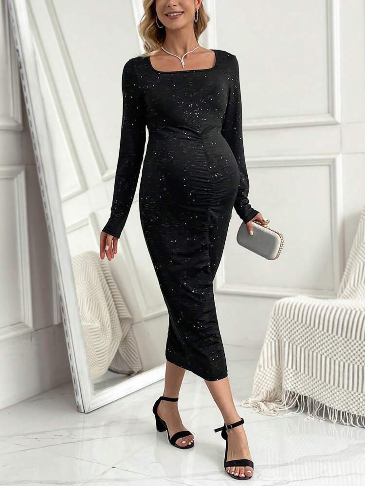Maternity Bodycon Dress With Pleats And Square Neckline, Long Sleeve