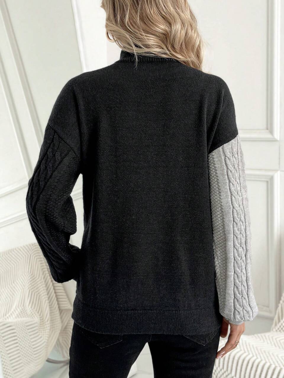 Maternity Fur Stand Collar Cable Knit Contrast Sweater, For Winter