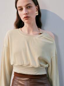 Anewsta Women's Asymmetrical Collar Drop Shoulder Sweatshirt Pullover Fall Sweatshirt - Beige - View 5