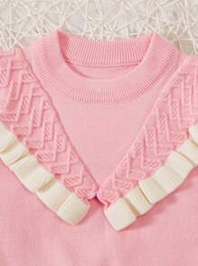 Em bé Cô gái Độ tương phản màu Hoa Móc sự thêu Cạnh Áo len dệt kim - Hồng - Xem 5