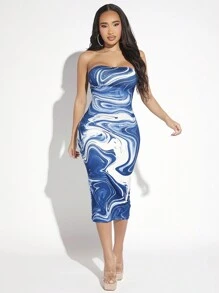 SHEIN SXY Vestido Ajustado Sin Tirantes Con Estampado De Mármol - Azul Marino - Ver 4