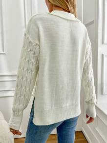 EURMUSE V-Neck Drop Shoulder Cable Knit Sweater - Beige - View 3
