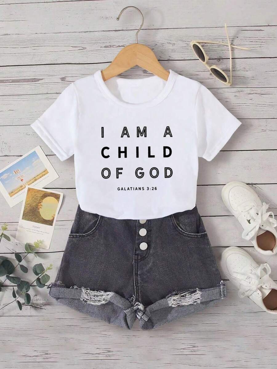 SHEIN 年轻女孩休闲字母图案短袖 T 恤夏季 Child Of God 衬衫女孩衬衫套装 - 白色 - 查看 1