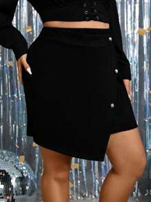 SHEIN LUNE 大尺碼連結裝飾不對稱下擺半身裙 - 黑色 - 查看 3