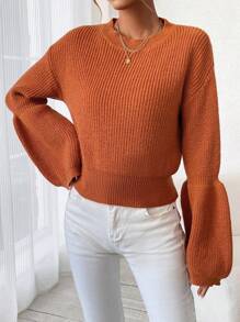 SHEIN LUNE Jersey De Mujer Con Mangas De Volantes Y De Color Sólido - Naranja - Ver 4