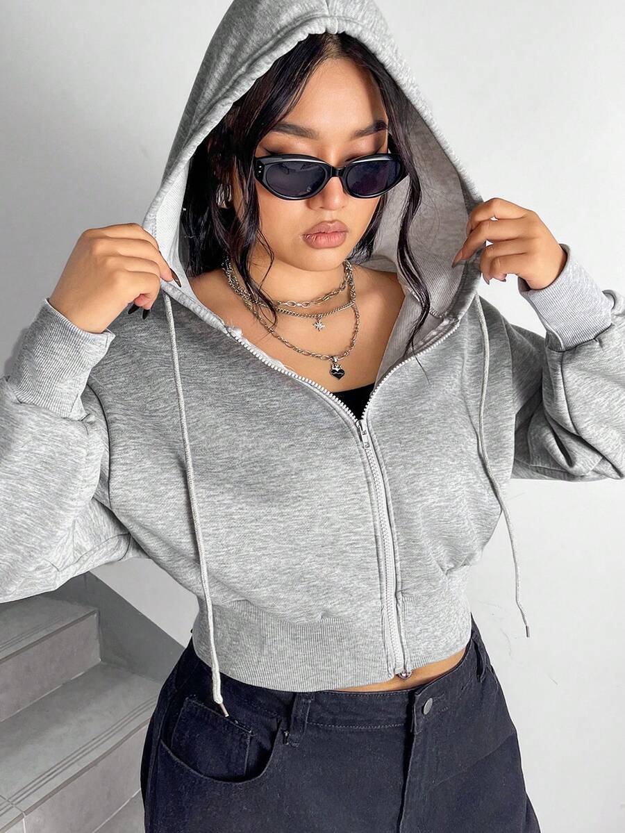SHEIN EZwear 女士加大尺寸拉鍊前繫 & 運用拉繩的帽t恤 - 灰色 - 查看 1