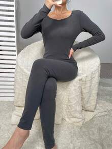 女士純色亨利領保暖內衣套裝 - 深灰色 - 查看 3