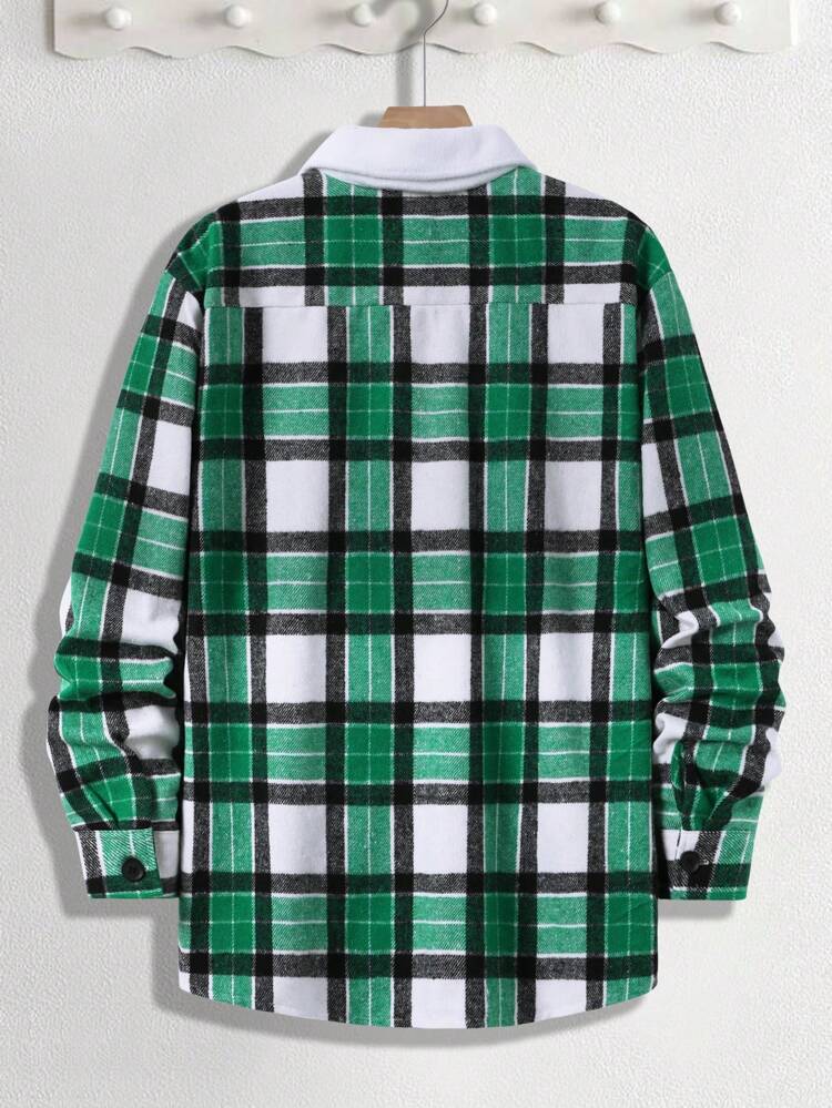 Men's Plus Size Grid Pattern Shacket With Flap Pockets