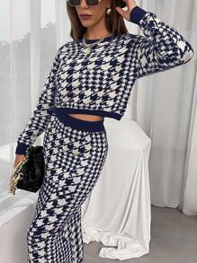 Modelyn Của phụ nữ Đồ họa Houndstooth Áo len Và Váy len nửa mảnh Hai chiếc Bộ - Xanh và trắng - Xem 4