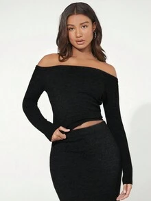 SHEIN BASICS 女士純色露肩毛衣 - 黑色 - 查看 4