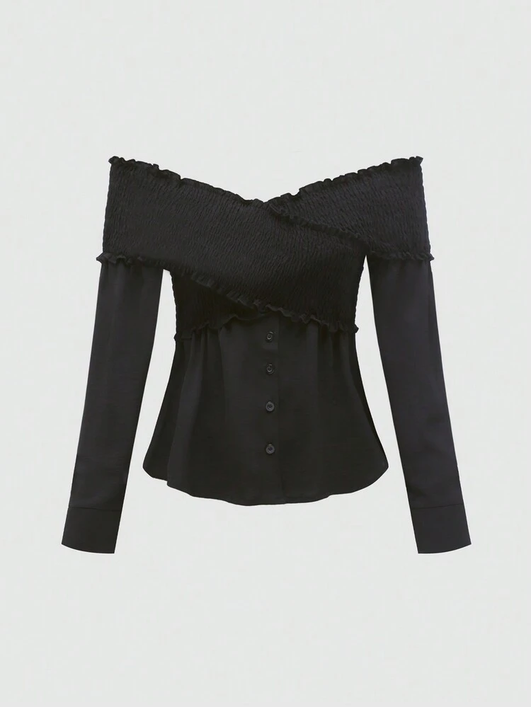 Cross Wrap Crop Top With Flounced Panel And Off-shoulder Design