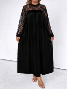 SHEIN LUNE 大碼蕾絲拼接長袖連衣裙 - 黑色 - 查看 1