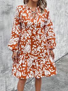 SHEIN LUNE Của phụ nữ In hoa Cà vạt Xù Hoa Sen Đầm - trái cam - Xem 3