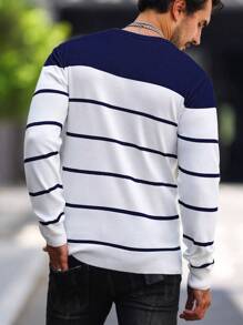 Manfinity Homme Men's Crew Neck Striped Sweater - Navy Blue - View 2