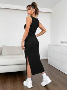 SHEIN EZwear 女用字母貼片羅紋背心連身裙 - 黑色 - 查看 2