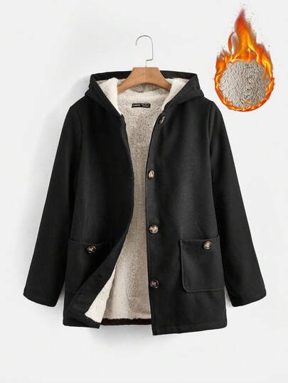 SHEIN EZwear 带双口袋和保暖衬里的连帽夹克，女士冬季休闲纽扣，口袋常规袖连帽宽松黑色纯色女士外套，冬季保暖/冬季时尚