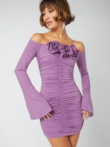 SHEIN Unity Đầm trễ vai 3D hoa tay dài thanh lịch nhún bèo - Màu tím hoa cà - Xem 3