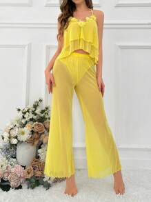 Women's Mesh Applique Halter Sleepwear Set Pajama Set - Yellow - View 4
