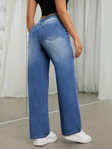 SHEIN ICON Printed Washed Straight-leg Jeans - Medium Wash - View 2