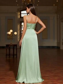 Faeriesty Đầm phù dâu bằng satin trơn thanh lịch, dây đeo mảnh, xẻ tà bên, viền bèo nhún | Đầm dạ hội sang trọng phù hợp cho đám cưới, tiệc tùng hoặc các dịp trang trọng mùa xuân - Màu xanh Bạc hà - Xem 2
