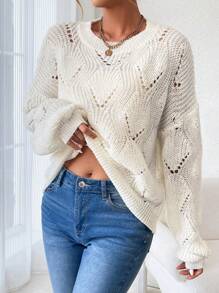 SHEIN LUNE Jersey de cuello redondo, hombros caídos y tejido calado para mujer, para otoño e invierno - Blanco - Ver 5