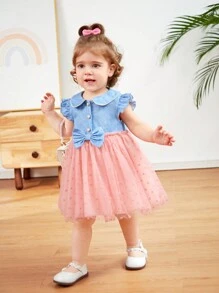 SHEIN 女婴休闲牛仔效果连衣裙，彼得潘领，波尔卡圆点网眼撞色