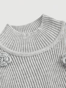 SHEIN MOD Knitted Top With 3d Flower Decoration & Stand Collar - Grey - View 3