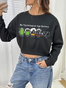 SHEIN EZwear In thư Vòng cổ Áo len crop - màu đen - Xem 4