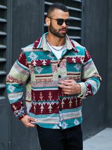 Extended Sizes Men's Plus Size Geometric Print Button Front Woolen Coat