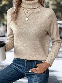 SHEIN LUNE 大尺碼女款高領插肩袖毛衣 - 卡其色 - 查看 6