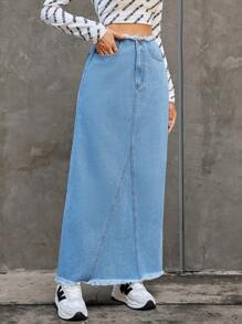 SHEIN Essnce 女式聖誕元素牛仔裙,長款 - 中等水洗藍 - 查看 5