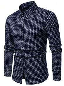 Men Plaid Button Up Shirt - Navy Blue - View 1