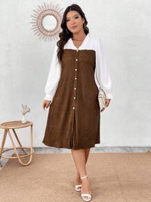 Calvaya 大尺碼色塊二合一連身裙 - 棕色 - 查看 5