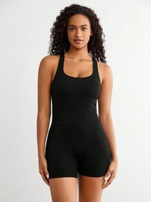 Ocili Leisure Extremely Stretchy Seamless & Skin-Friendly Non-Removable Padding Comfortable Solid Wide Rib Women Tops Black - Black - View 4