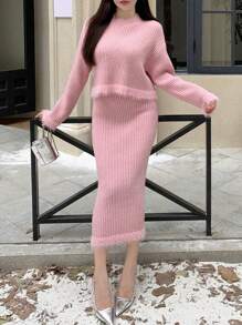 DAZY Patchwork Sweater And Knit Skirt Set - Dusty Pink - View 1