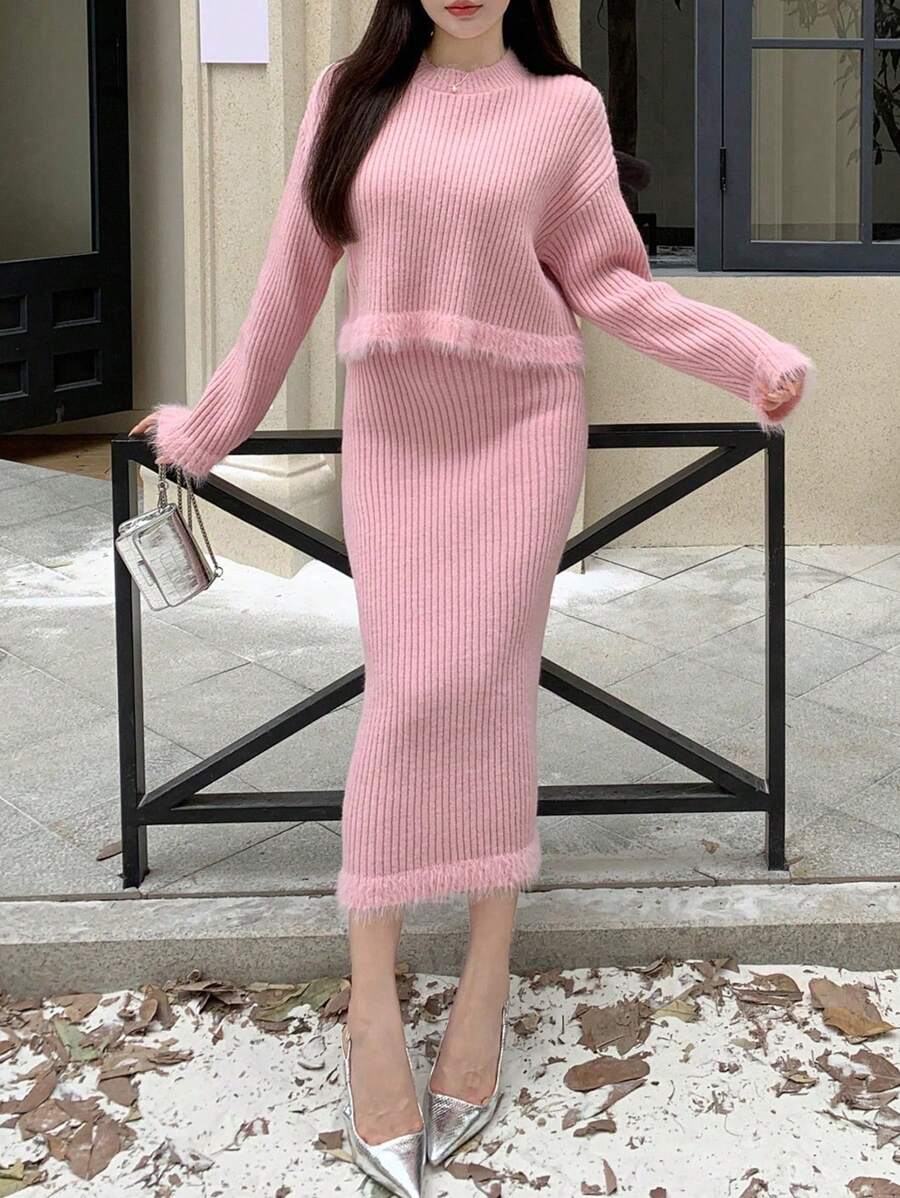 DAZY Patchwork Sweater And Knit Skirt Set - Dusty Pink - View 1