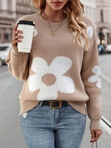 SHEIN Essnce Thả vai Mô hình hoa Áo len - Màu Khaki - Xem 5