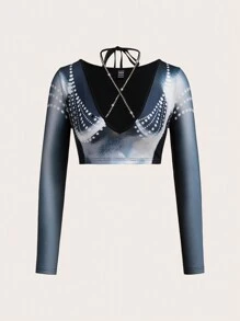 SHEIN ICON Của phụ nữ In hoa kỹ thuật số Dây chéo Cái cổ Quần skinny Áo thun - Nhiều màu - Xem 6