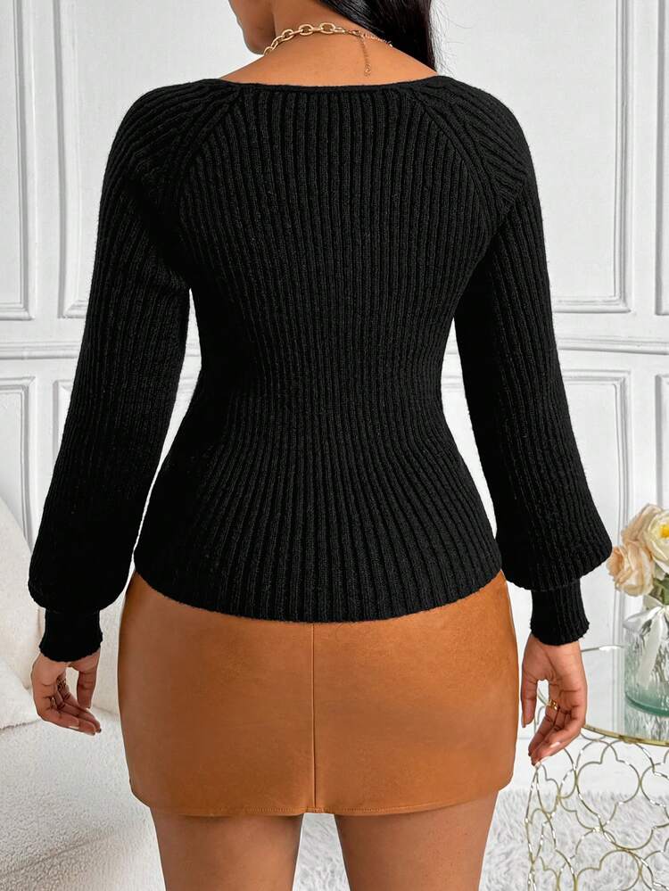 Women's Solid Color Sweetheart Neck Lantern Sleeve Knit Pullover Fall Winter Sweater